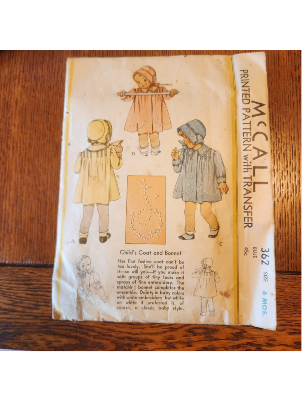 Vintage 1939 McCall 362 Baby Coat & Bonnet Sewing Pattern Size 6 Months Cut Comp